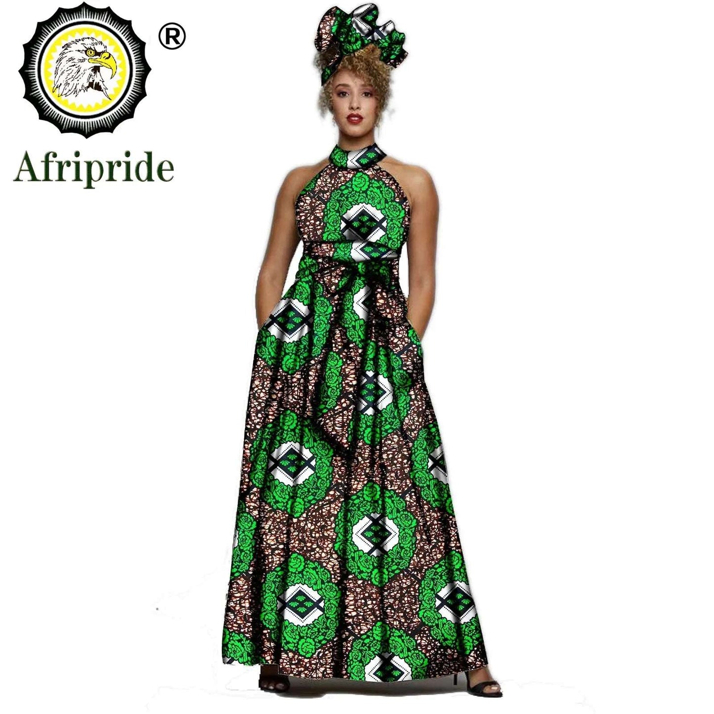 2024 AFRIPRIDE African dresses for women Print Sleeveless Vintage Bow Halter Floor- Length Maxi dresses with headscraf S1925014