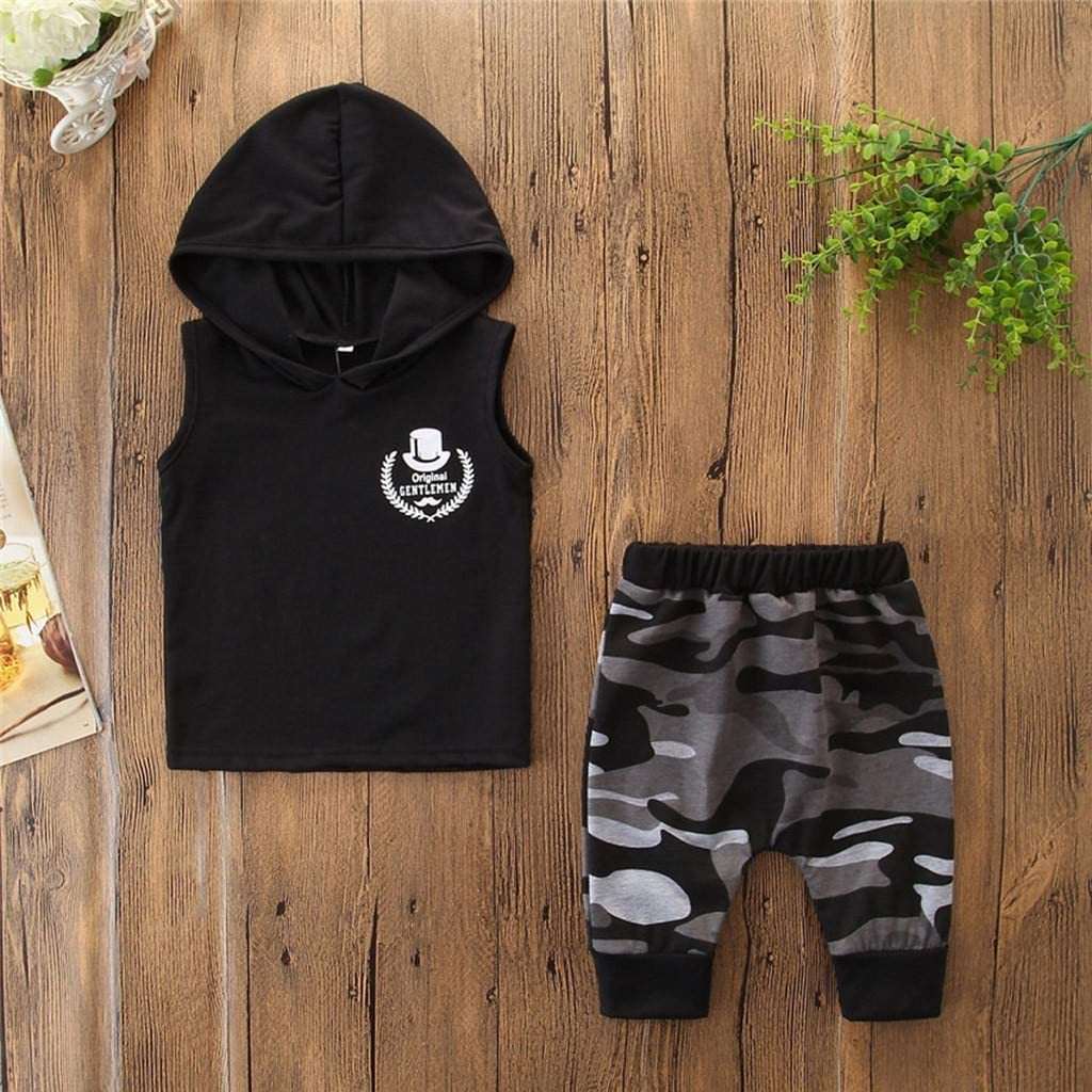 2PCS Toddler Kids Baby Boy Sleeveless Hooded Camo Top & Pants Outfits