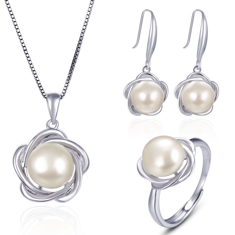 S925 Silver Ring Pearl Lady Necklace Jewelry Set