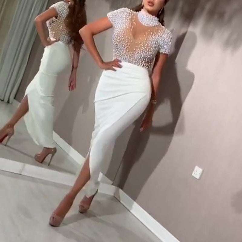 White Beaded Hip Swing Dress