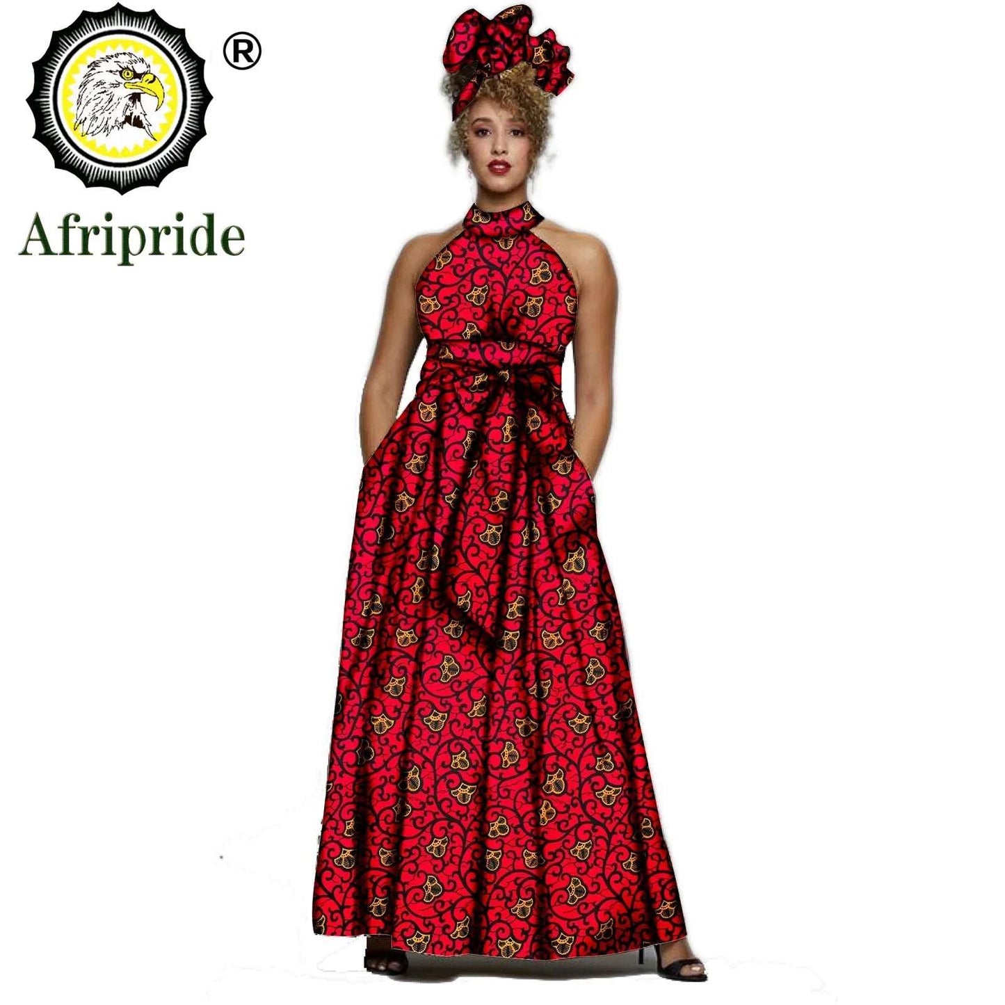 2024 AFRIPRIDE African dresses for women Print Sleeveless Vintage Bow Halter Floor- Length Maxi dresses with headscraf S1925014