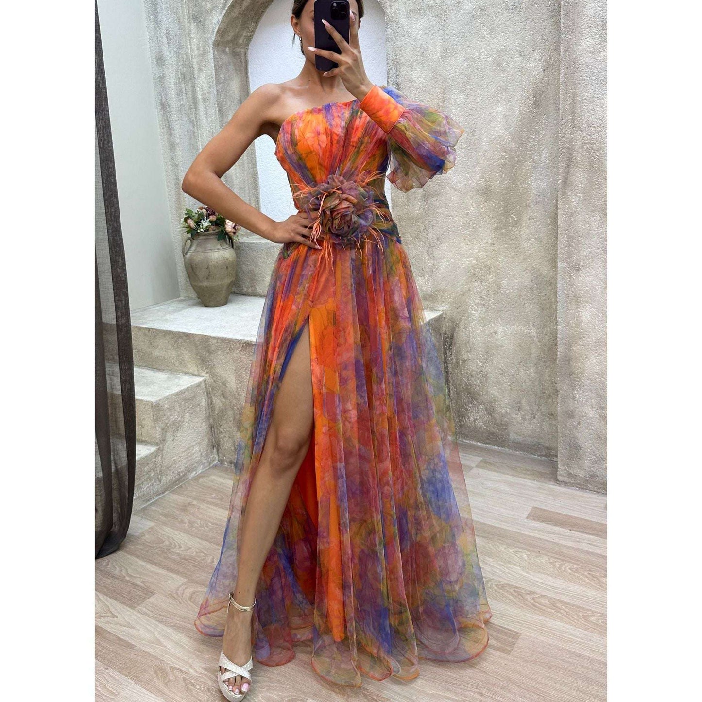 Mesh Tie-dye Printed Off-shoulder Slit Dress Summer INS Fashion Long Dress
