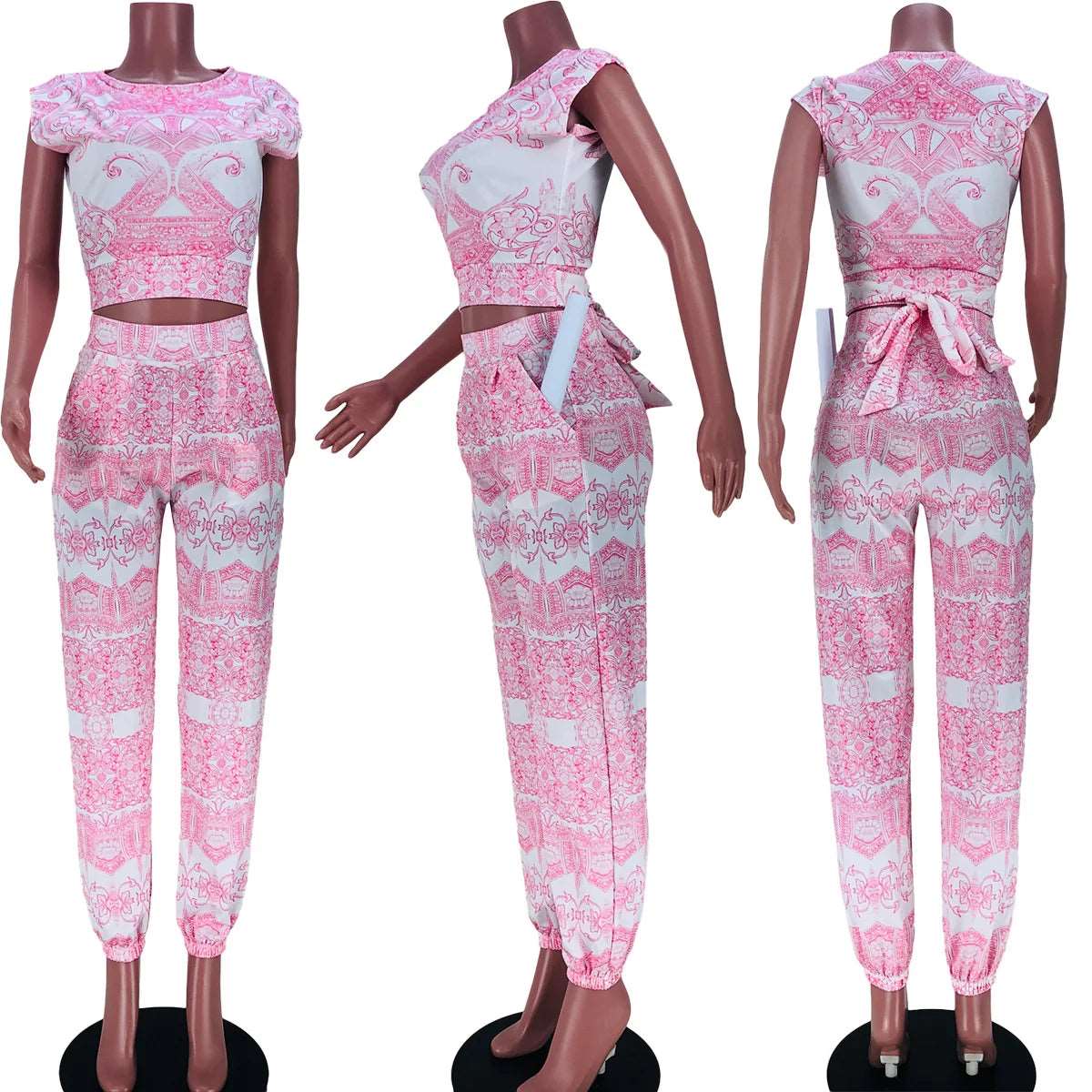 2 Piece Women Set Dashiki African Sleeveless Crop Top Suits Pants Casual Outfit Africa Clothing Matching Sets Two Piece Set