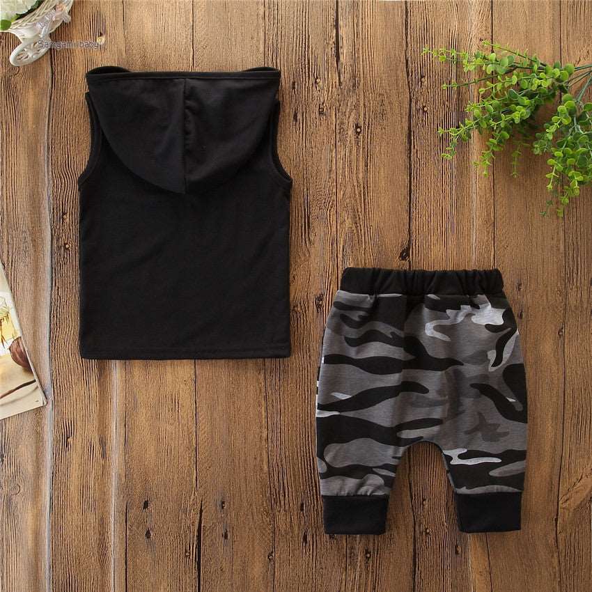 2PCS Toddler Kids Baby Boy Sleeveless Hooded Camo Top & Pants Outfits
