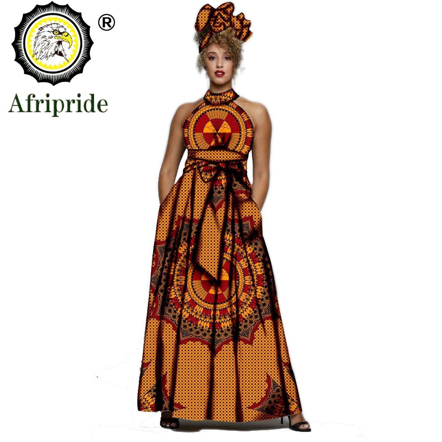 2024 AFRIPRIDE African dresses for women Print Sleeveless Vintage Bow Halter Floor- Length Maxi dresses with headscraf S1925014