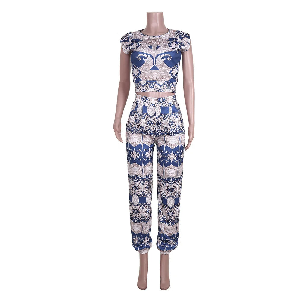 2 Piece Women Set Dashiki African Sleeveless Crop Top Suits Pants Casual Outfit Africa Clothing Matching Sets Two Piece Set