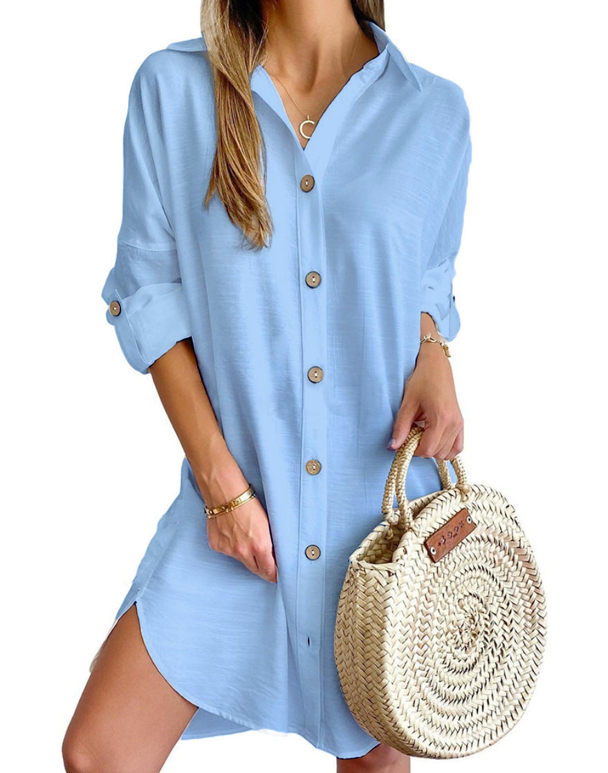 Long Sleeve Lapel Button Shirt Dress