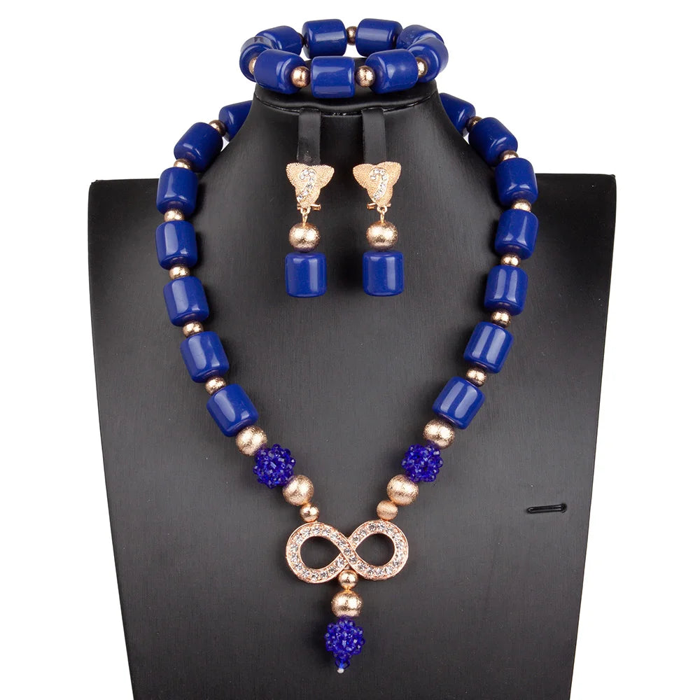 Artificia Coral Bead Royal Blue African Wedding Jewelry Set Women Necklace Gold Accessories Nigeria Bride Party ABG187