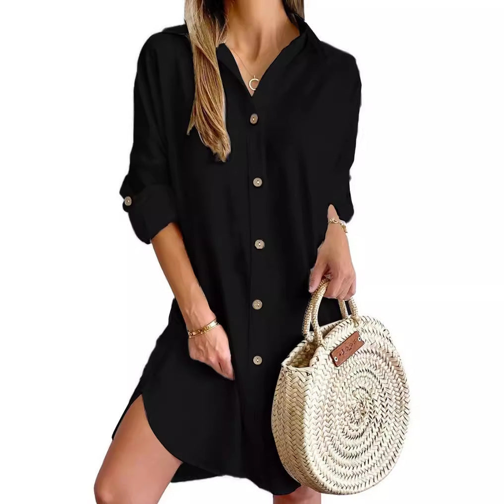 Long Sleeve Lapel Button Shirt Dress