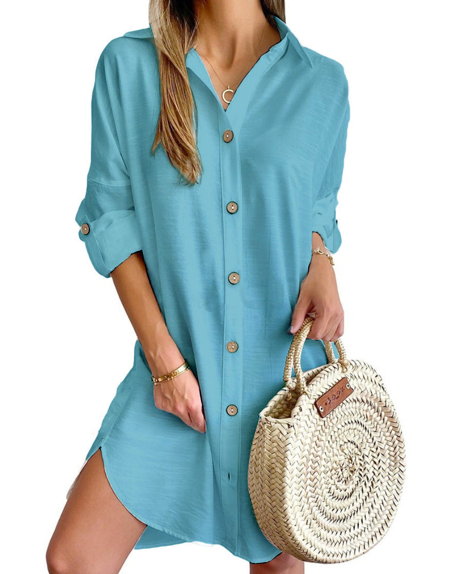 Long Sleeve Lapel Button Shirt Dress