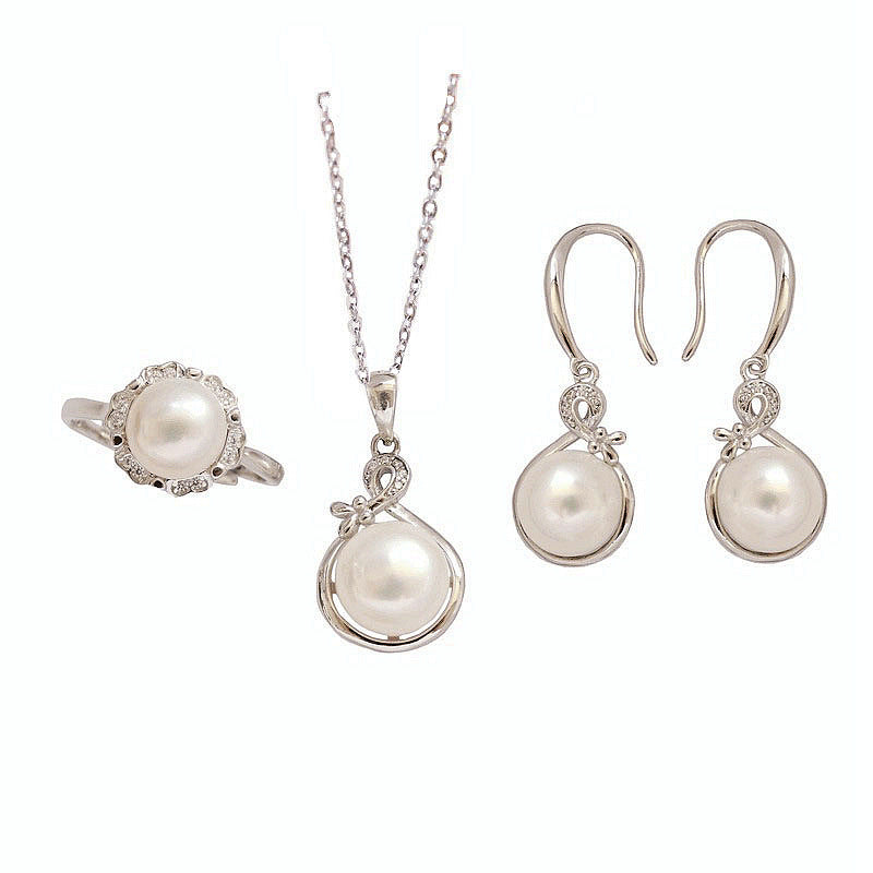 Silver Elegant Graceful Pearl Jewelry Three-piece Set