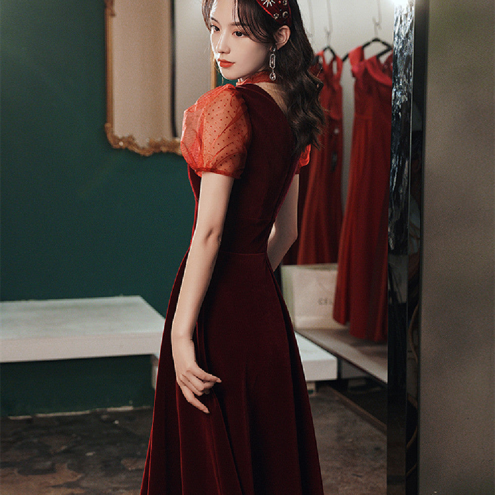 Women's Velvet Wine Red Banquet Dress