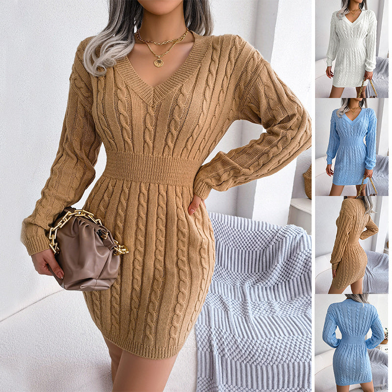 Solid Color V-Neck Long Sleeve Knit Slim Waisted Hip Dress