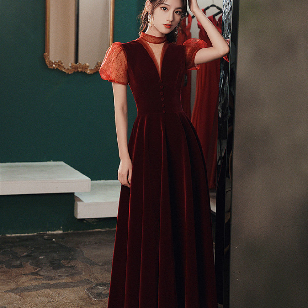 Women's Velvet Wine Red Banquet Dress