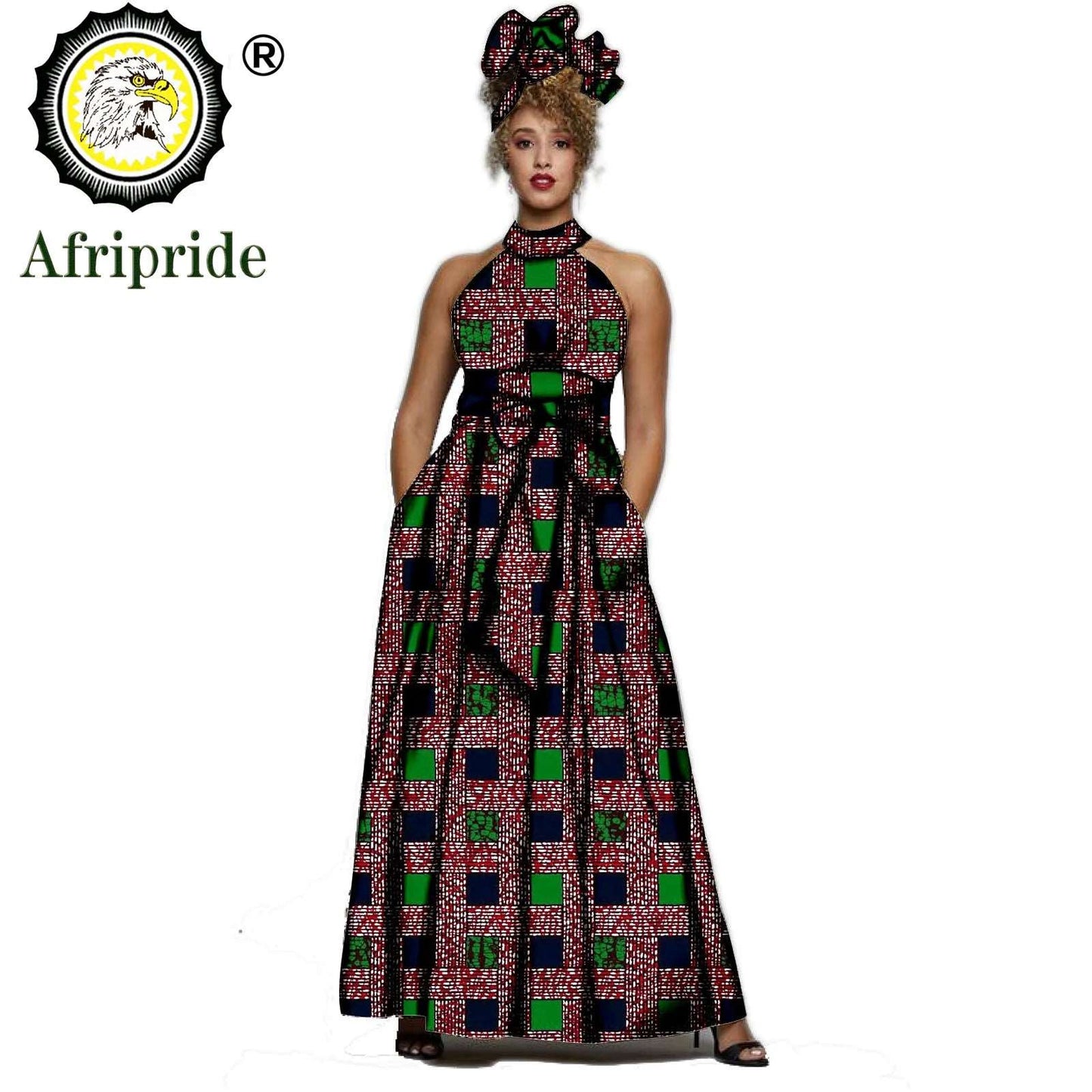 2024 AFRIPRIDE African dresses for women Print Sleeveless Vintage Bow Halter Floor- Length Maxi dresses with headscraf S1925014