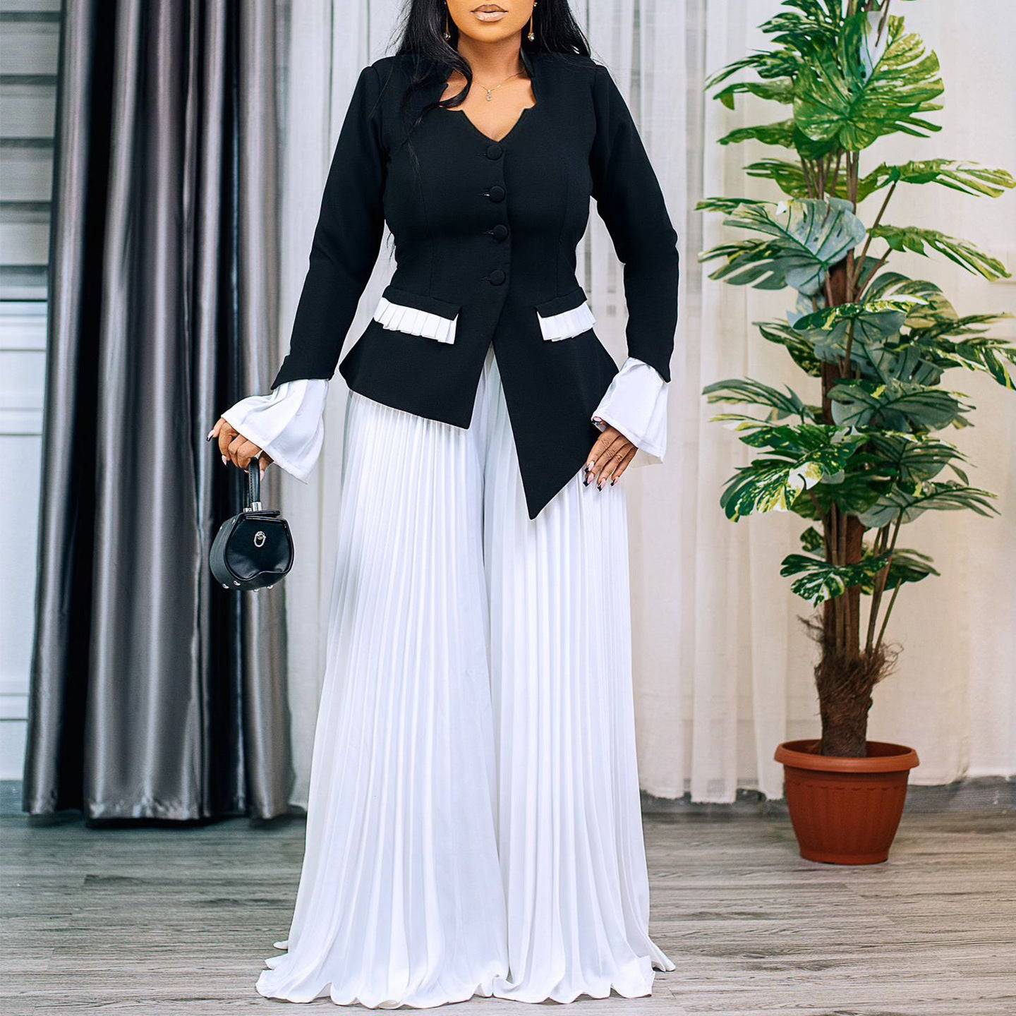 Upgrade Your Wardrobe with a Fashionable Flare Sleeves Top & Wide-leg Pleated Pants Set
