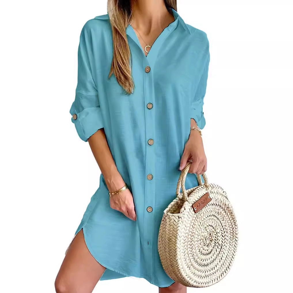 Long Sleeve Lapel Button Shirt Dress