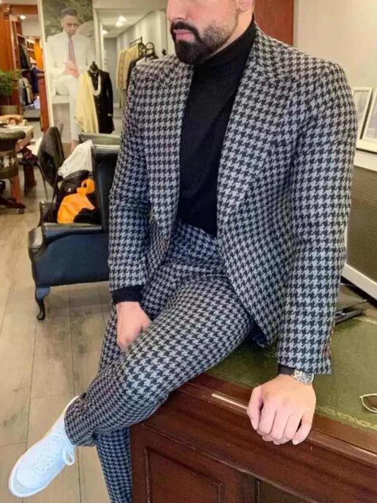 Houndstooth Wedding Suits for Men Slim Fit African Italian Formal Groom Wear Checkered Jacket with Pants