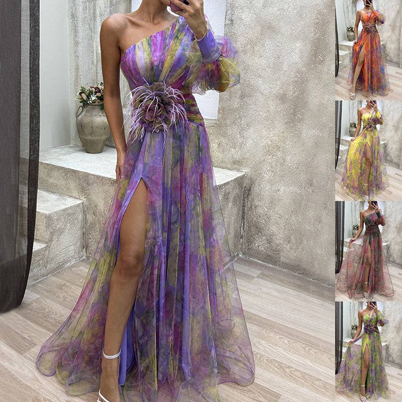 Mesh Tie-dye Printed Off-shoulder Slit Dress Summer INS Fashion Long Dress