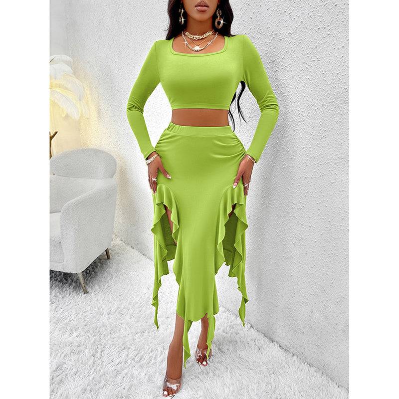 Women Summer 2 Piece Skirt Sets Long Sleeve Square Neck Crop Top Ruffle Trim Irregular Split Sexy Club Party Skirt Outfits