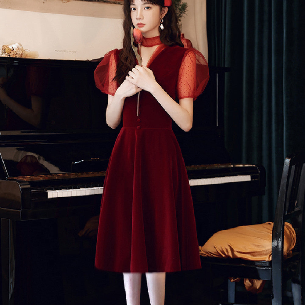 Women's Velvet Wine Red Banquet Dress