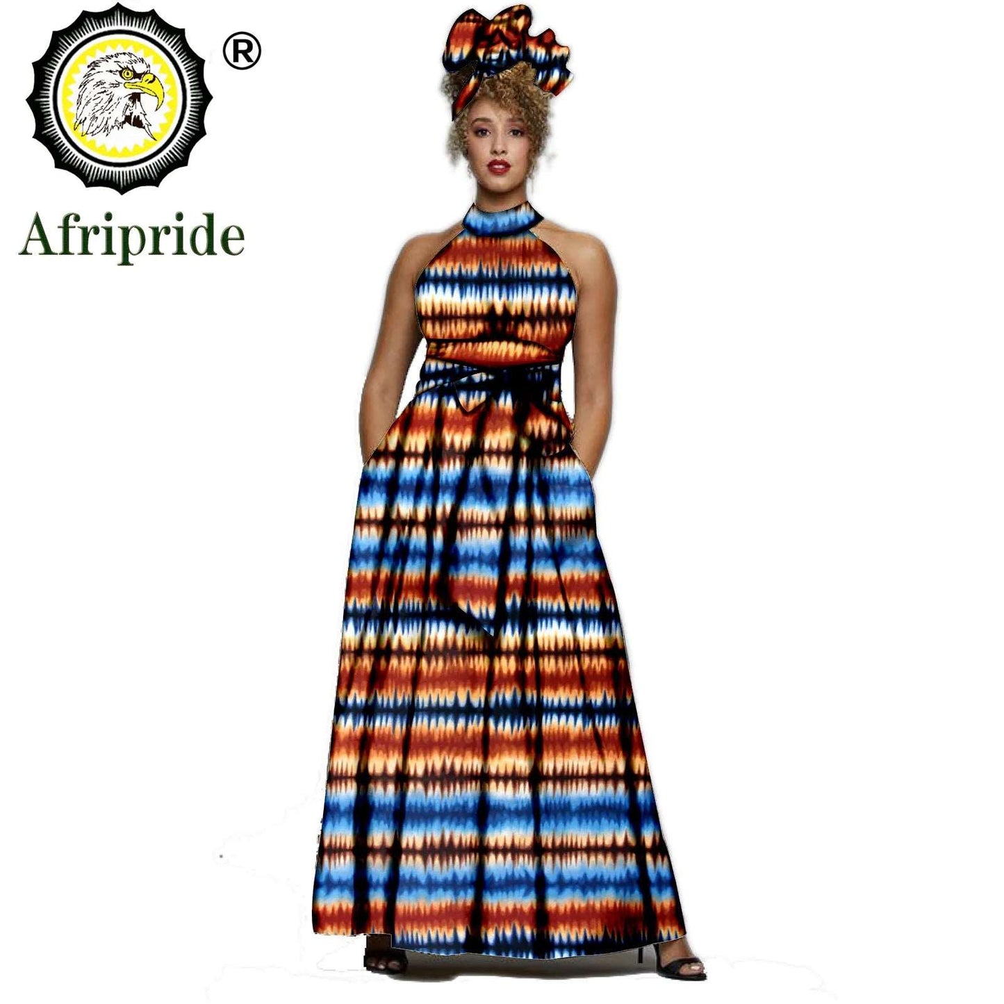 2024 AFRIPRIDE African dresses for women Print Sleeveless Vintage Bow Halter Floor- Length Maxi dresses with headscraf S1925014