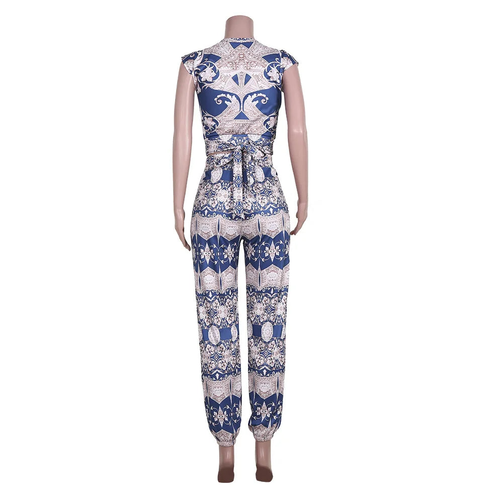 2 Piece Women Set Dashiki African Sleeveless Crop Top Suits Pants Casual Outfit Africa Clothing Matching Sets Two Piece Set