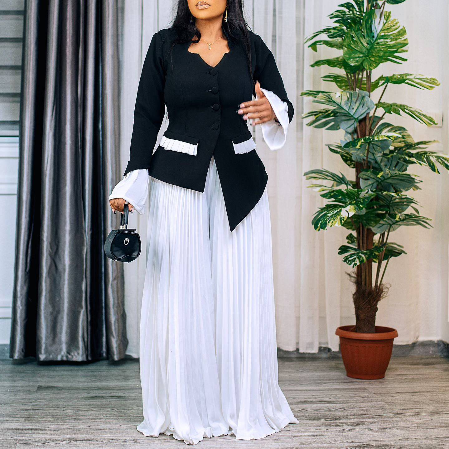Upgrade Your Wardrobe with a Fashionable Flare Sleeves Top & Wide-leg Pleated Pants Set