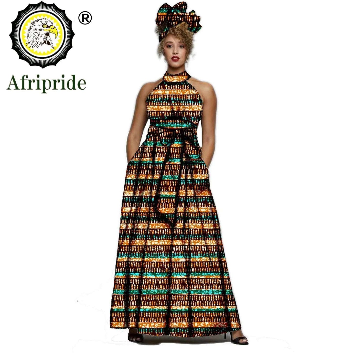 2024 AFRIPRIDE African dresses for women Print Sleeveless Vintage Bow Halter Floor- Length Maxi dresses with headscraf S1925014