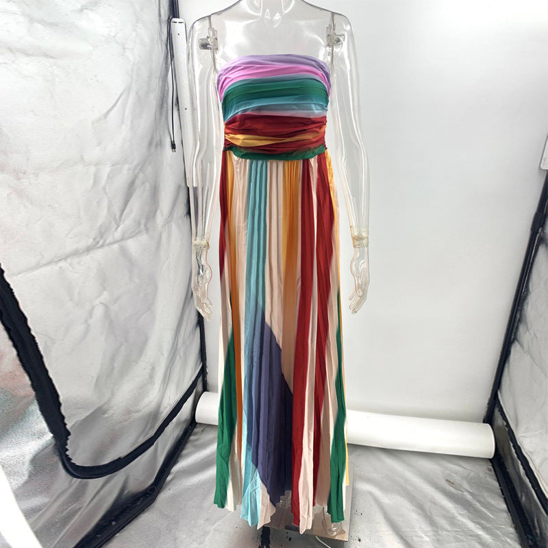 Beautiful, Eye-catching Tube Top Backless Printed Color Swing Maxi Dress