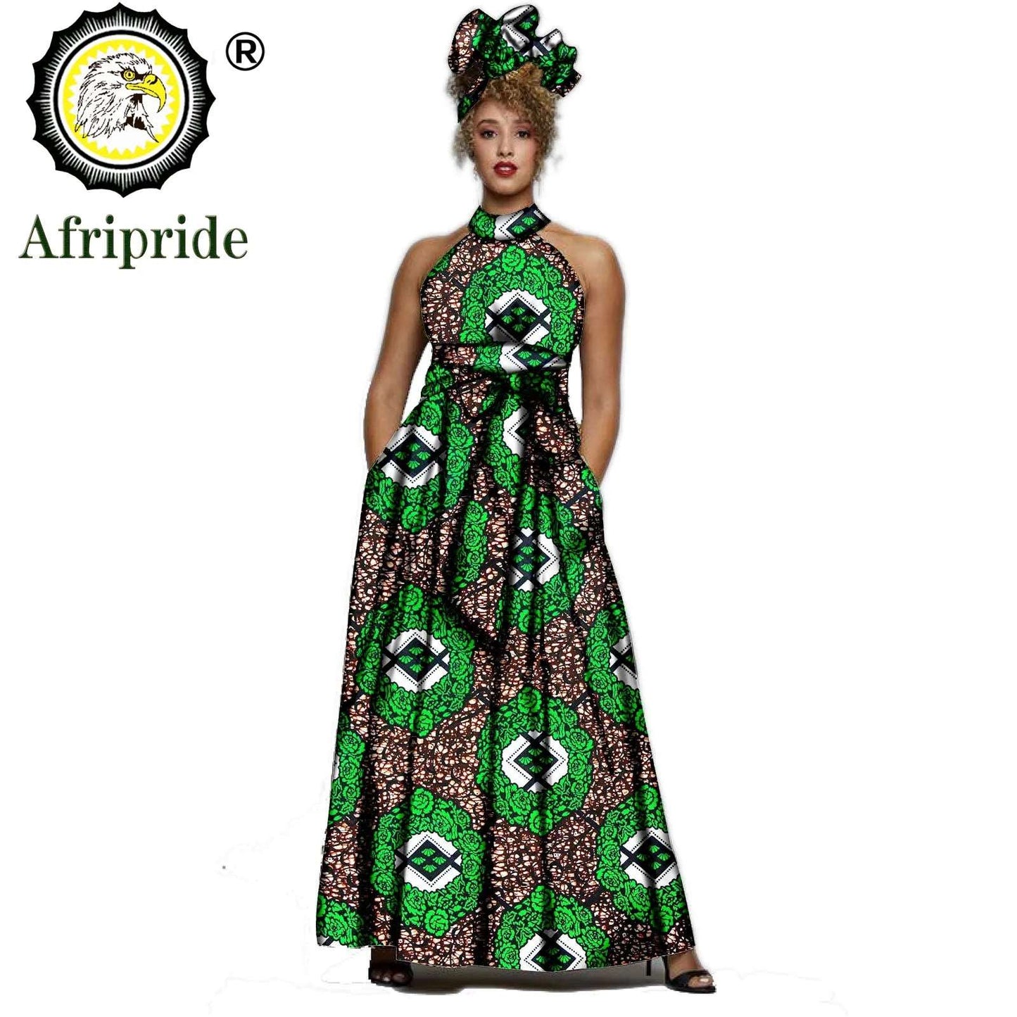 2024 AFRIPRIDE African dresses for women Print Sleeveless Vintage Bow Halter Floor- Length Maxi dresses with headscraf S1925014