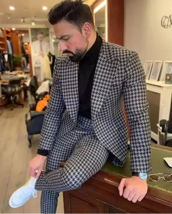 Houndstooth Wedding Suits for Men Slim Fit African Italian Formal Groom Wear Checkered Jacket with Pants