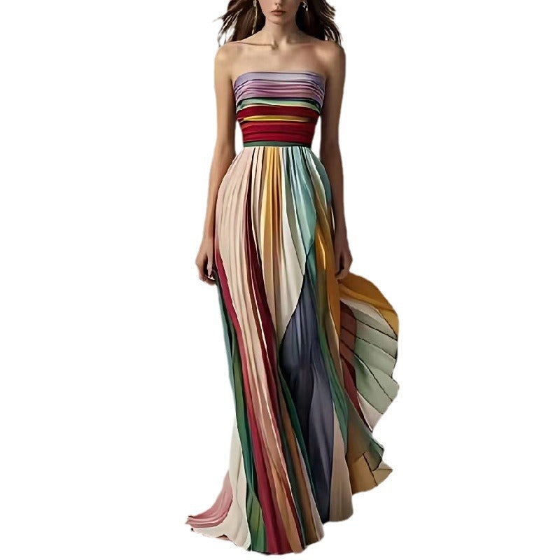 Beautiful, Eye-catching Tube Top Backless Printed Color Swing Maxi Dress