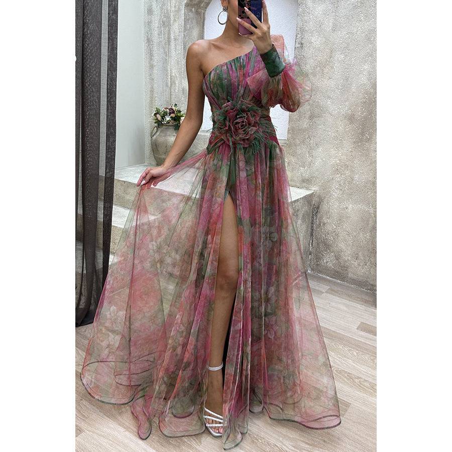Mesh Tie-dye Printed Off-shoulder Slit Dress Summer INS Fashion Long Dress