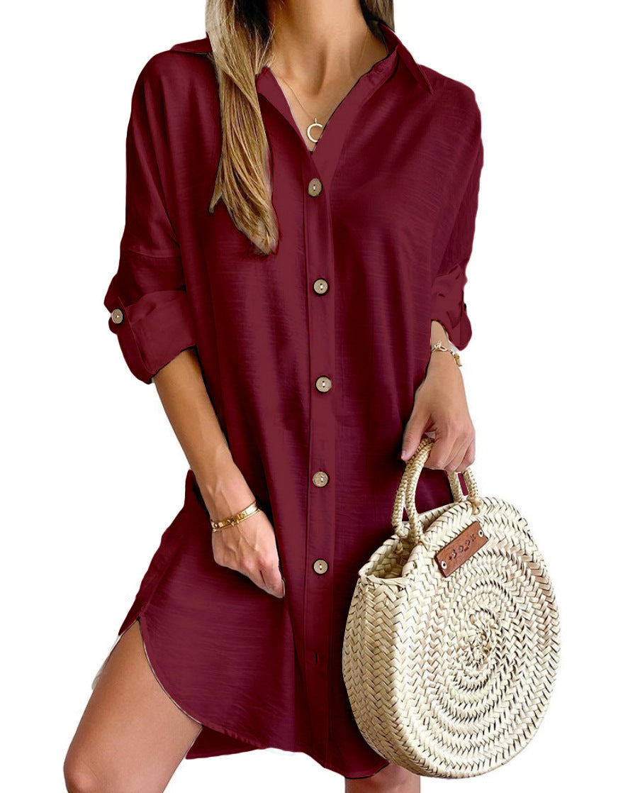 Long Sleeve Lapel Button Shirt Dress