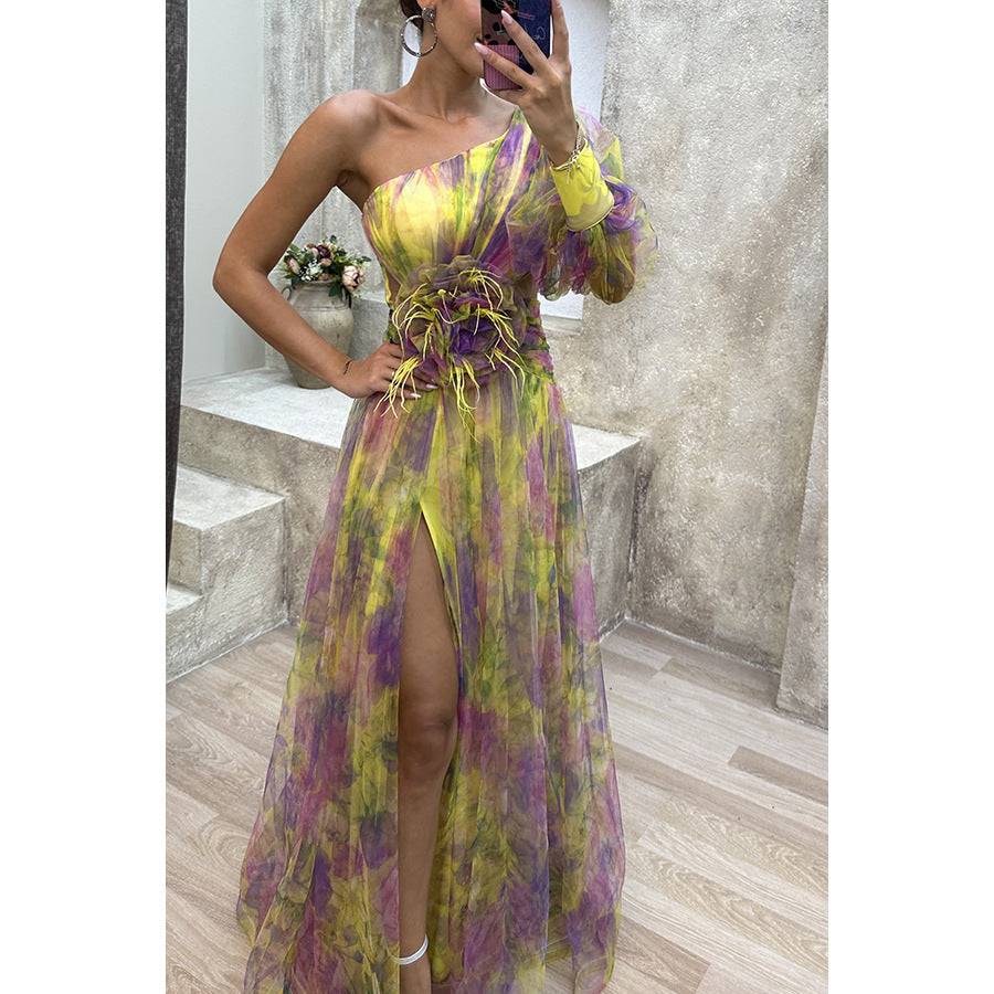 Mesh Tie-dye Printed Off-shoulder Slit Dress Summer INS Fashion Long Dress