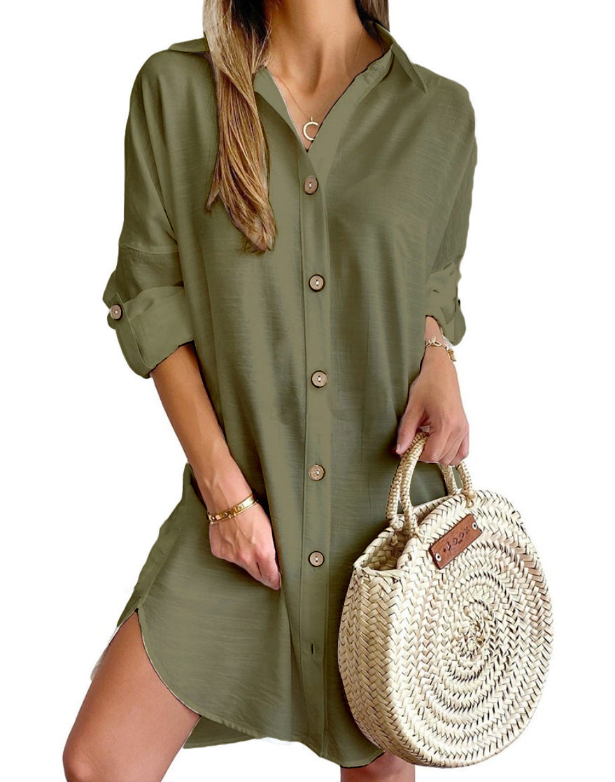 Long Sleeve Lapel Button Shirt Dress
