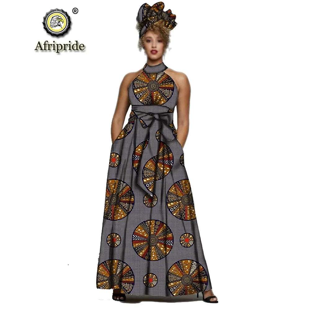 2024 AFRIPRIDE African dresses for women Print Sleeveless Vintage Bow Halter Floor- Length Maxi dresses with headscraf S1925014