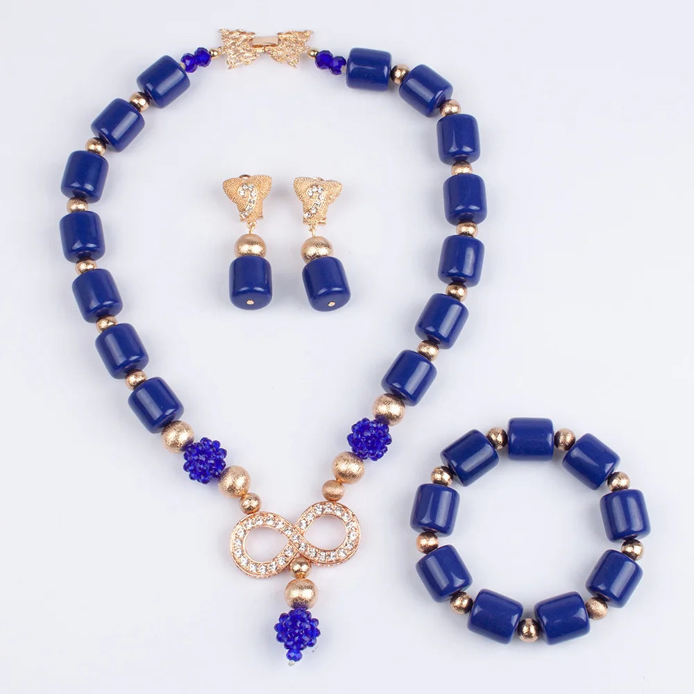 Artificia Coral Bead Royal Blue African Wedding Jewelry Set Women Necklace Gold Accessories Nigeria Bride Party ABG187