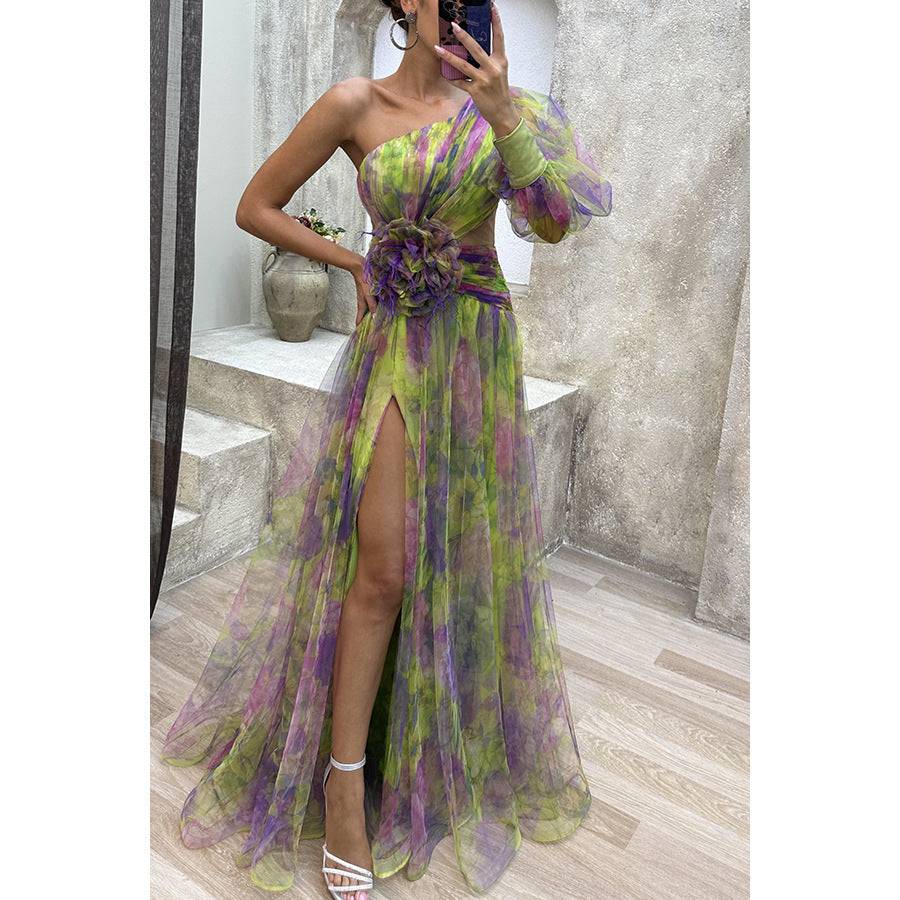Mesh Tie-dye Printed Off-shoulder Slit Dress Summer INS Fashion Long Dress