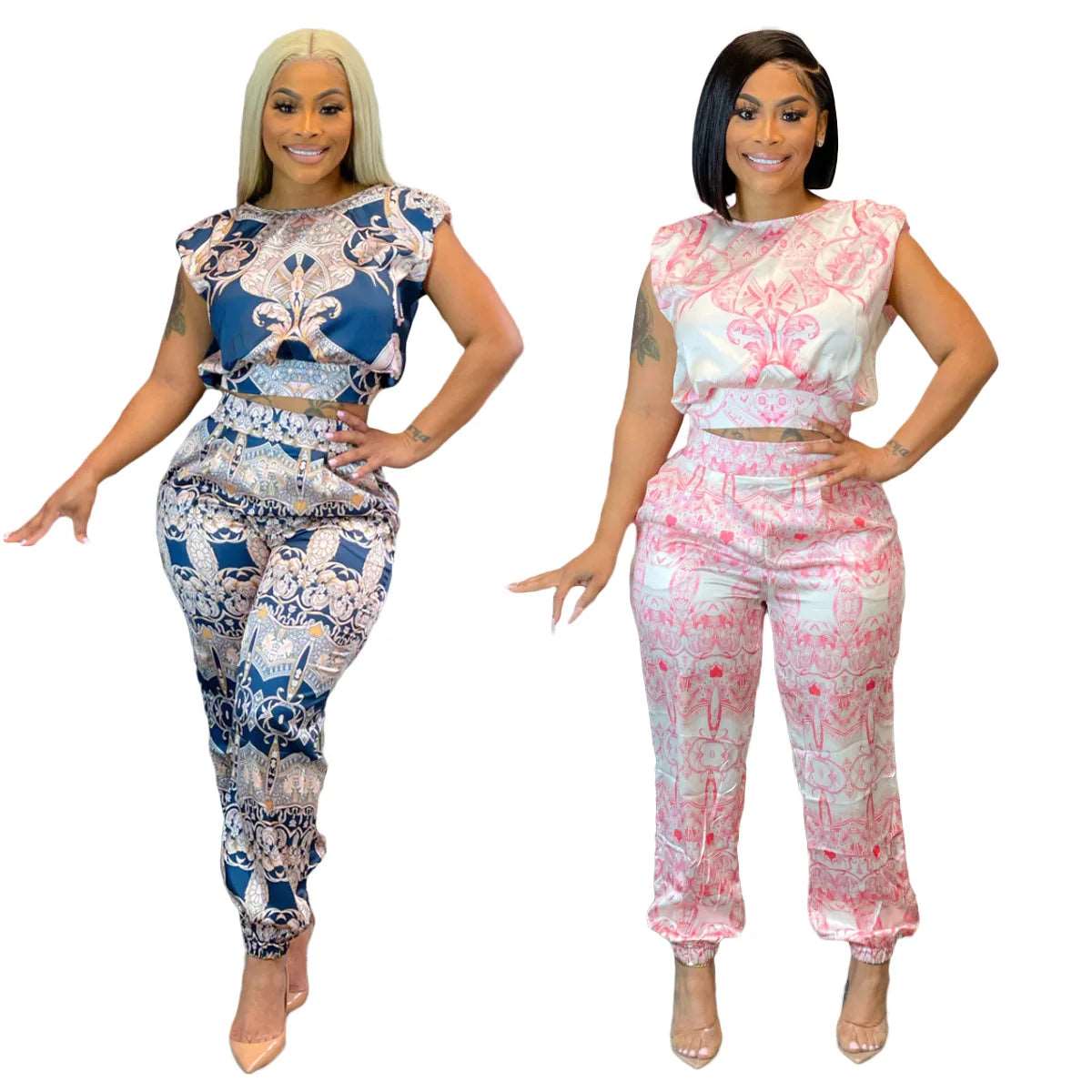 2 Piece Women Set Dashiki African Sleeveless Crop Top Suits Pants Casual Outfit Africa Clothing Matching Sets Two Piece Set