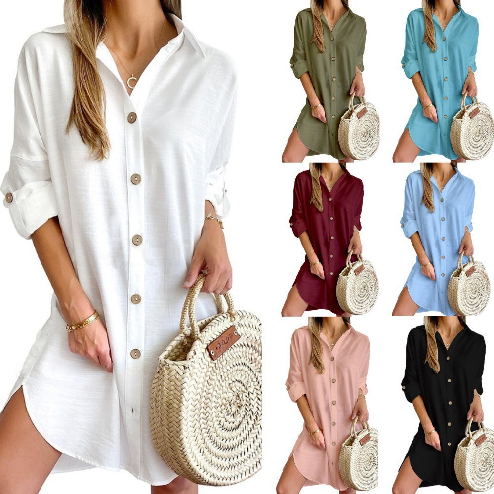 Long Sleeve Lapel Button Shirt Dress