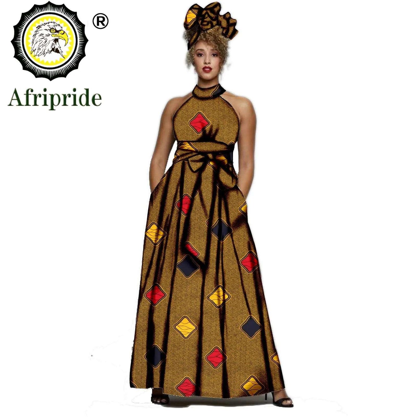 2024 AFRIPRIDE African dresses for women Print Sleeveless Vintage Bow Halter Floor- Length Maxi dresses with headscraf S1925014