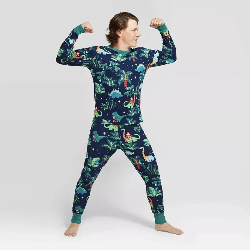 2024 New Family Christmas Pajamas Set Mom Dad Kids Baby Dog Matching Outfits Dinosaur Print Soft Warm Sleepwear Xams Family Look