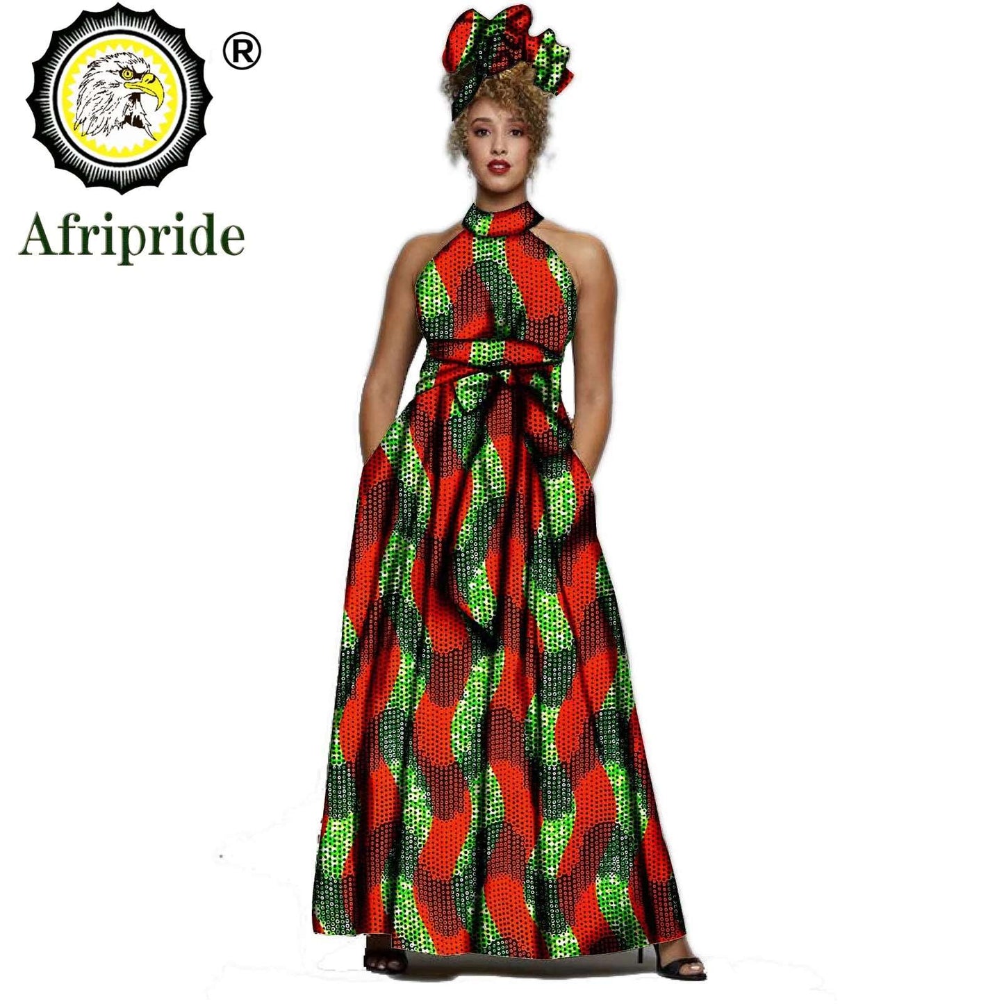 2024 AFRIPRIDE African dresses for women Print Sleeveless Vintage Bow Halter Floor- Length Maxi dresses with headscraf S1925014