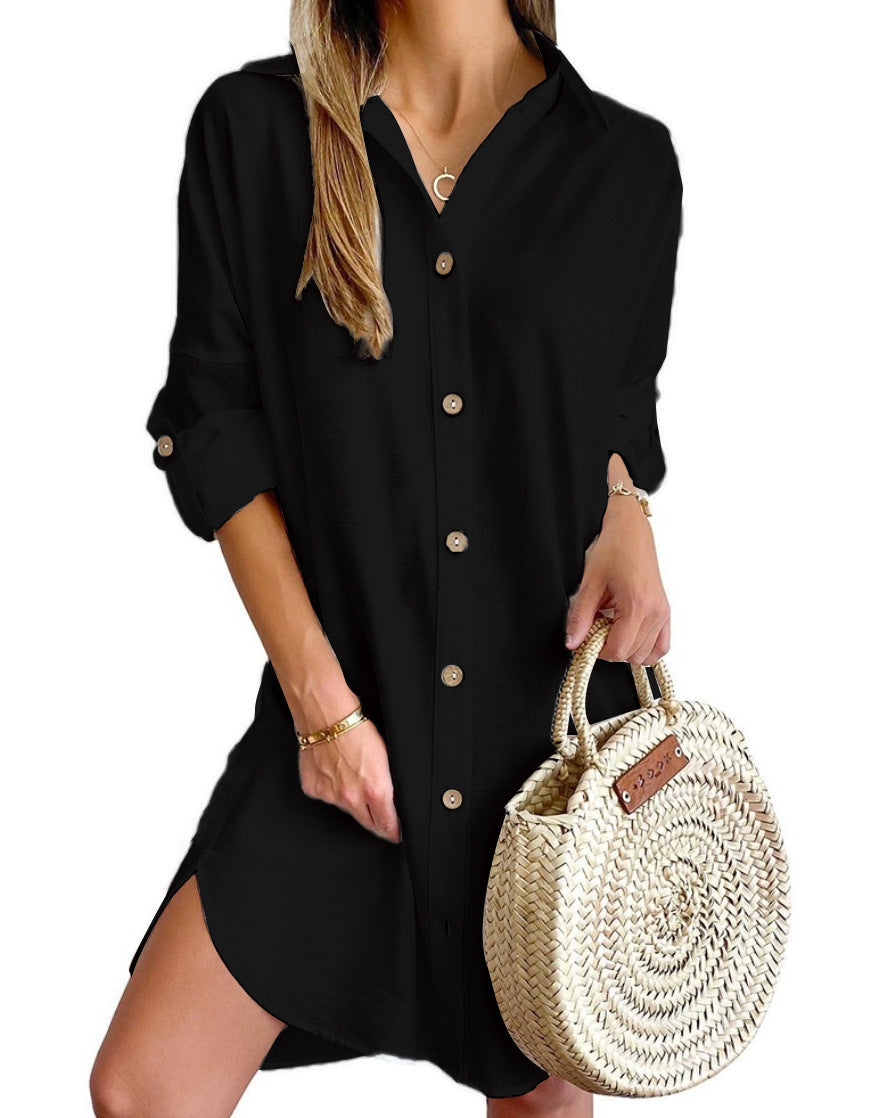 Long Sleeve Lapel Button Shirt Dress