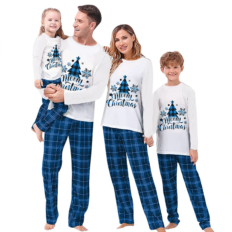 Combhasaki Family Matching Pajamas Loungewear Set Christmas Tree&Letter Print Long-Sleeved Tops+Plaid Trousers Sleepwear Outfits