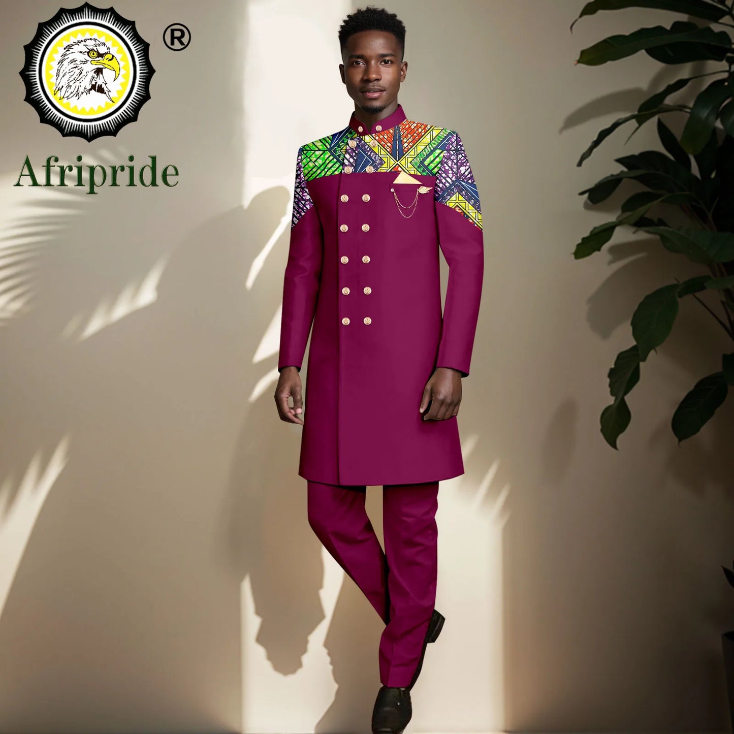 African Suits for Men Double Breasted Embroidery Print Blazer and Pants Set Formal Outfits with Brooch Wedding Wear 2416073