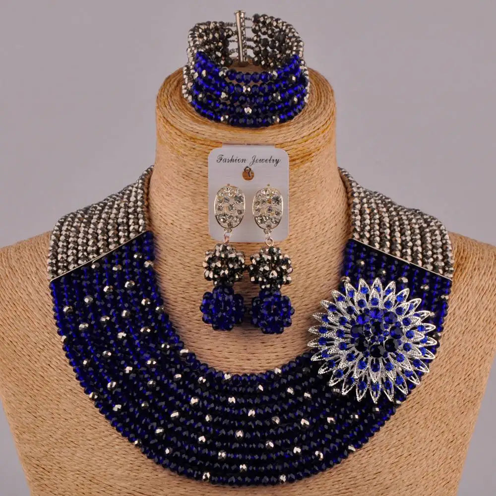 Fashion Jewelry African Wedding Royal Blue Crystal Beads Nigerian Bride Ladies Wedding Jewelry Set FC-12