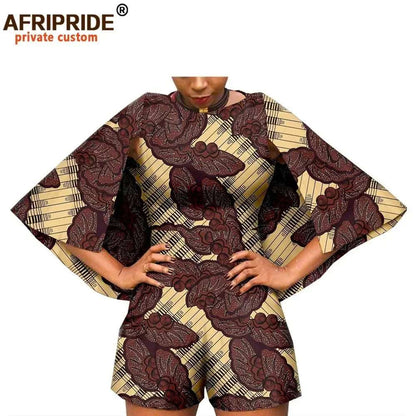 2024 African Fashion Playsuits for Women AFRIPRIDE Tailor Made Bazin Richi Cloak Sleeve Women Casual Cotton Playsuits A1929001